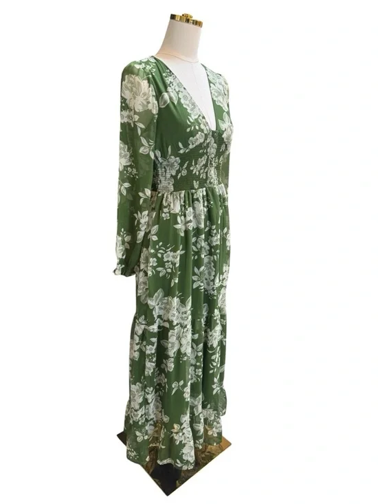 Patrons of Peace Floral Midi Dress Size S Green Smocked Waist Boho - Picture 3 of 8